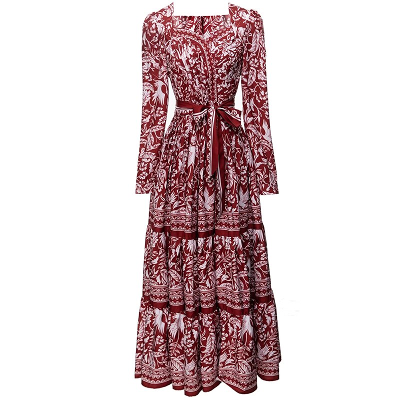 Colette Draped Square Collar Long Sleeve Lace-up Print Vintage  Dress