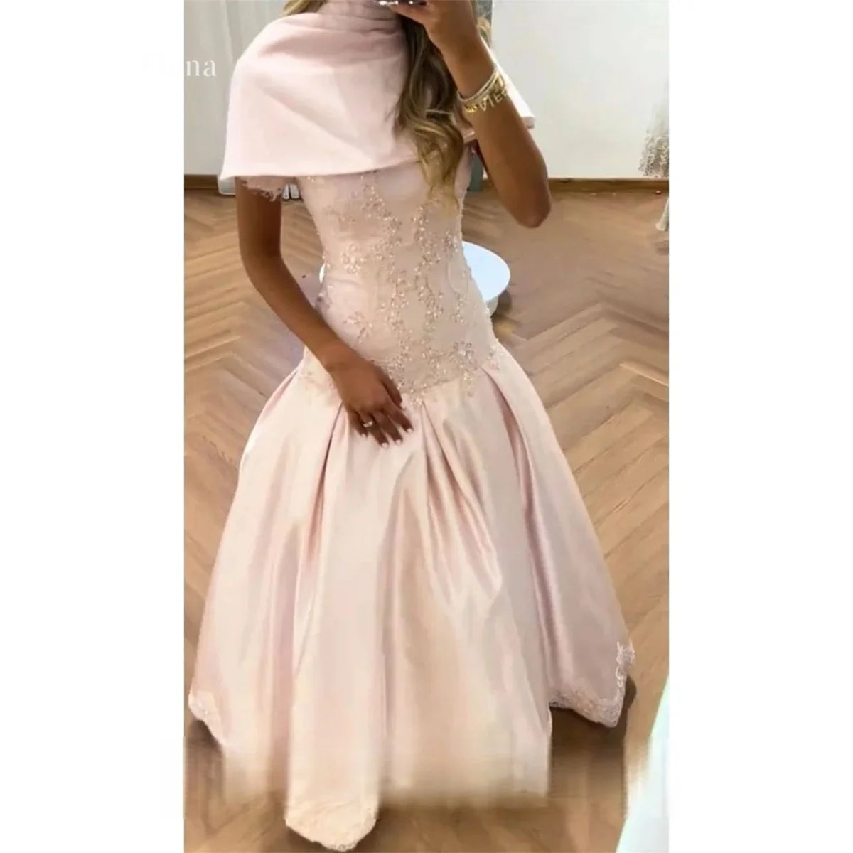 Elena Satin High Pink Ball Gown Elegant Evening Gown Blush Detachable Capelet Dress