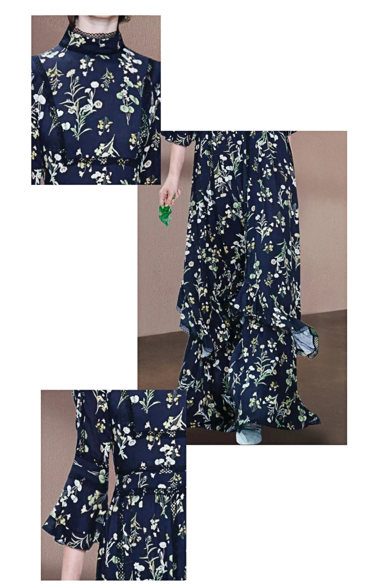 Ember Floral Print Dress Women Stand Collar High Waist Ruffles Lace Spliced Slim Long Dress