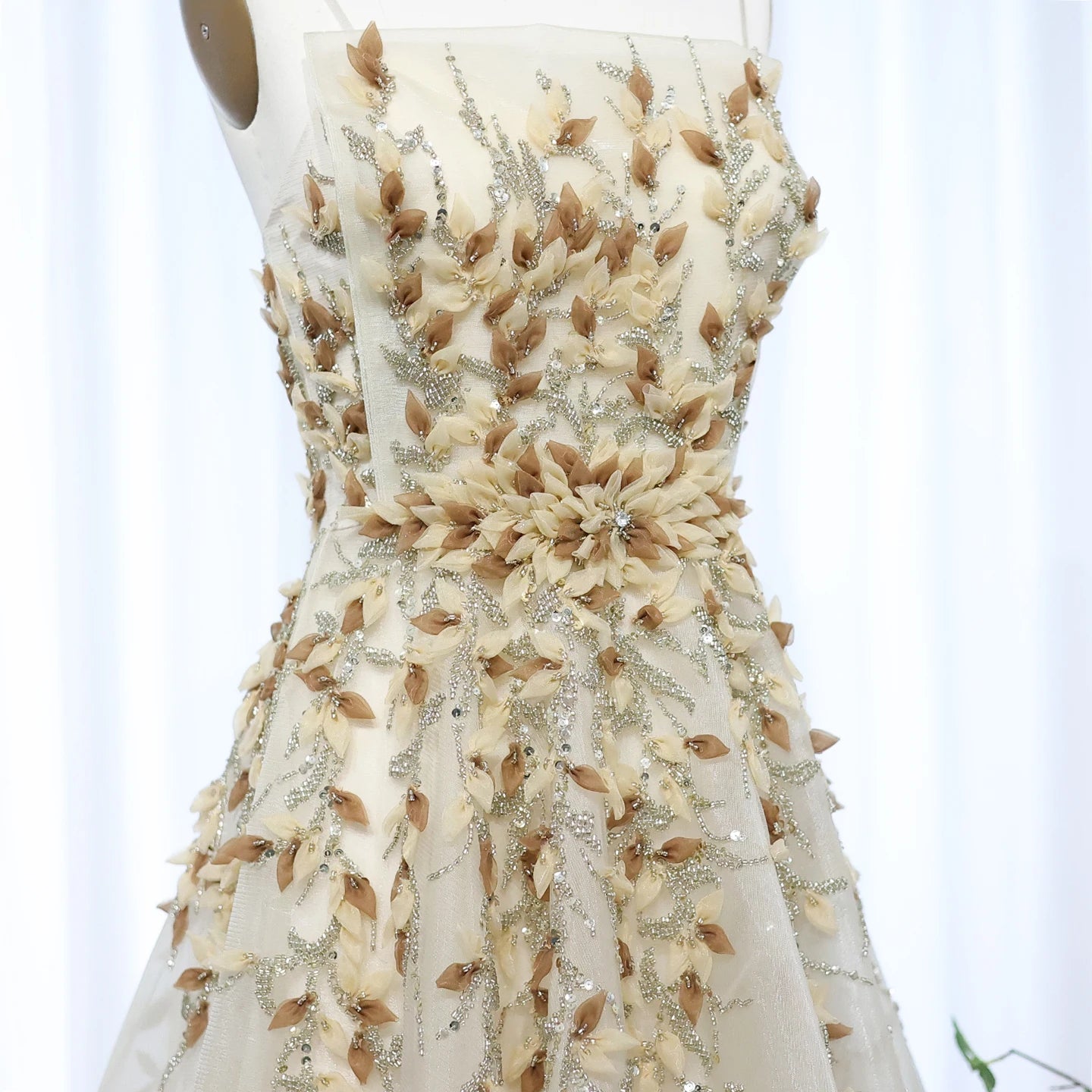 Elegant Beige with 3D Floral Embroidery A-Line  Luxury Dress