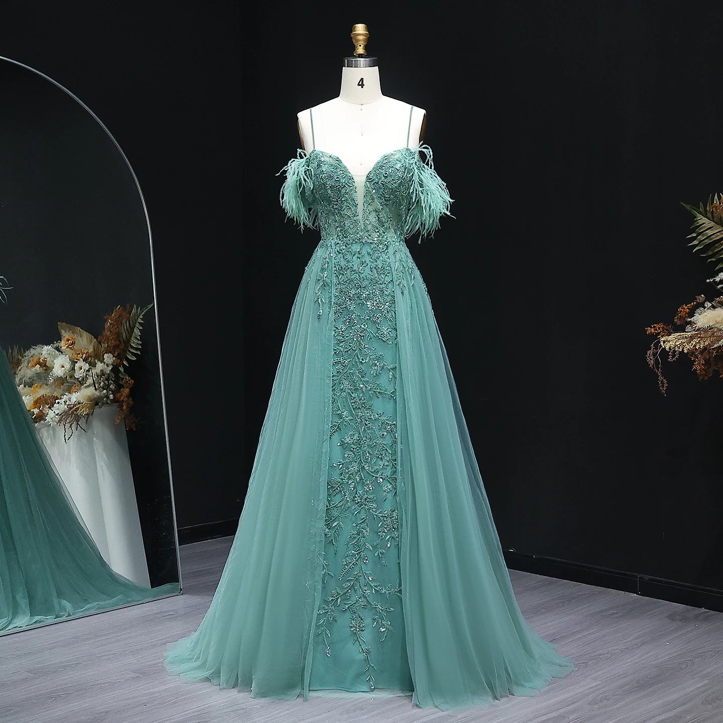 Maria Tulle A-Line Long Feather Off Shoulder Prom Dress