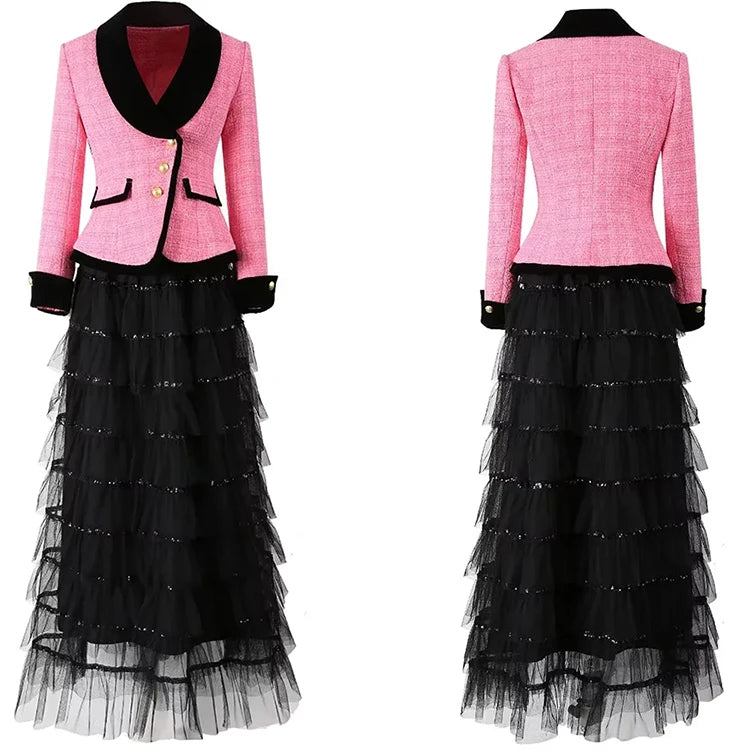 Paislee Single Breasted Jacket + Sequins Mesh Ruffles Long Skirt Office Lady 2 Pieces Set