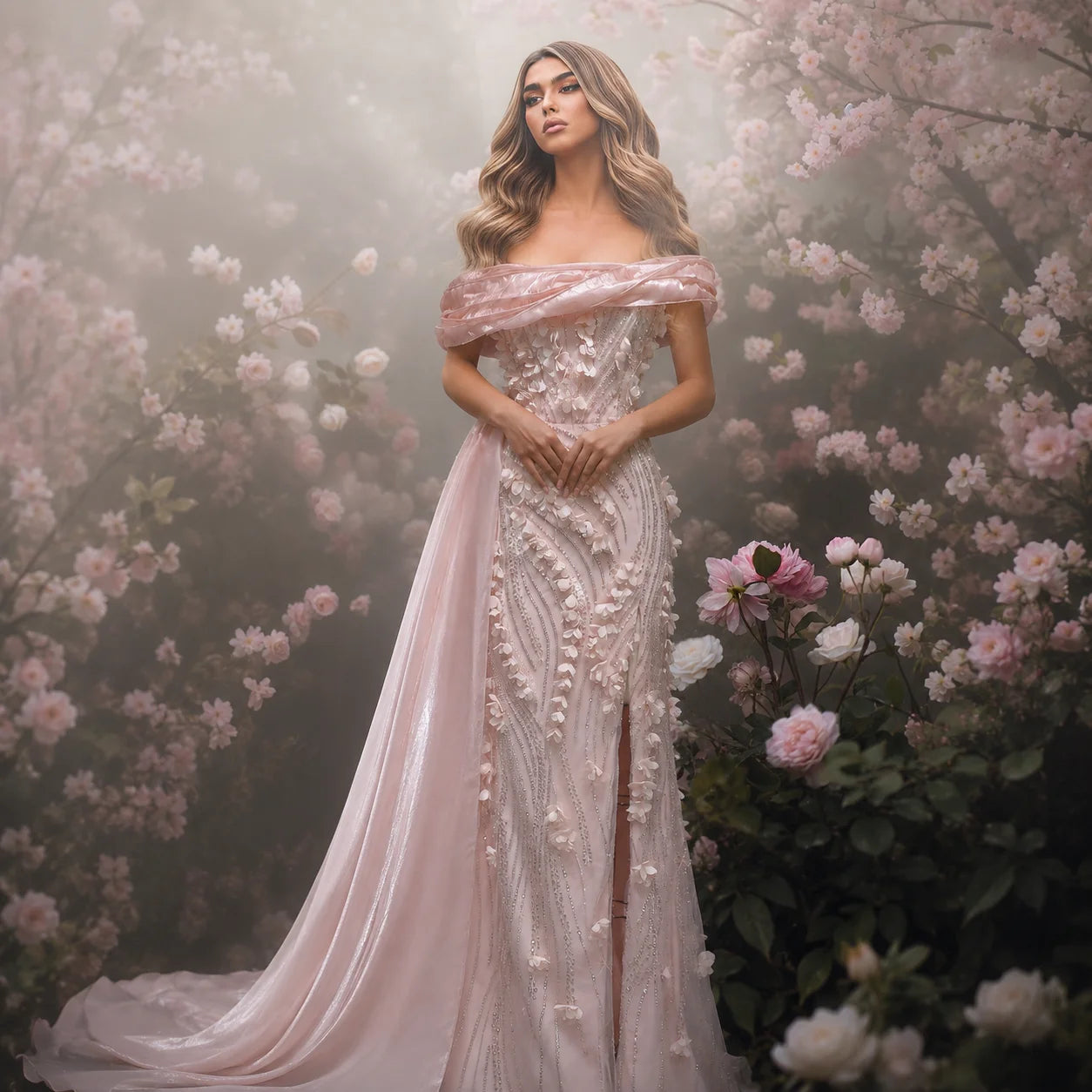 Peony Pink Off Shoulder with 3D Floral Appliques Evening Dress