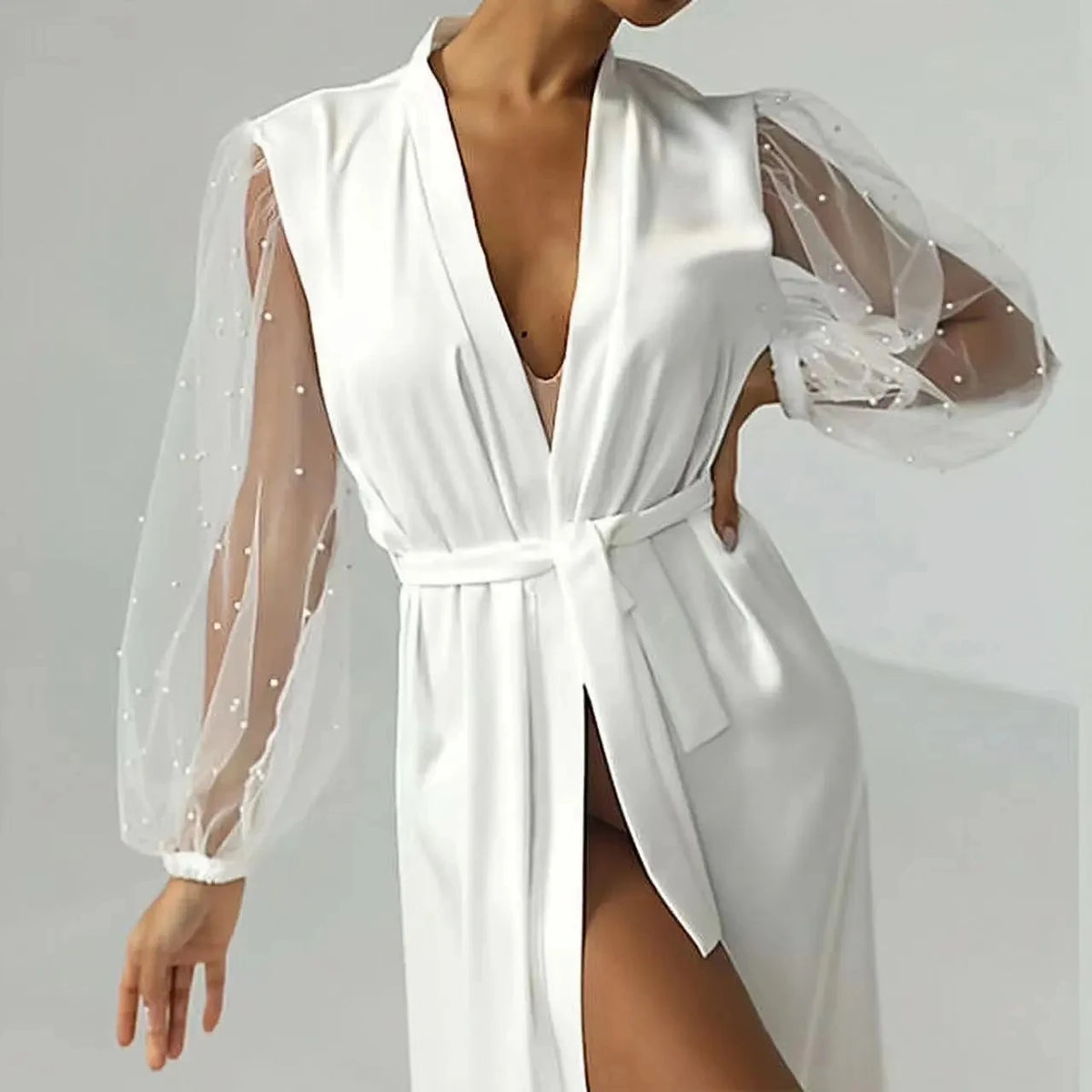 Ahri Gown with Pearl Tulle Robe Luxury High Grade Bathrobe Sexy Nightwear Women's Robe Silk Satin Pajamas Bride
