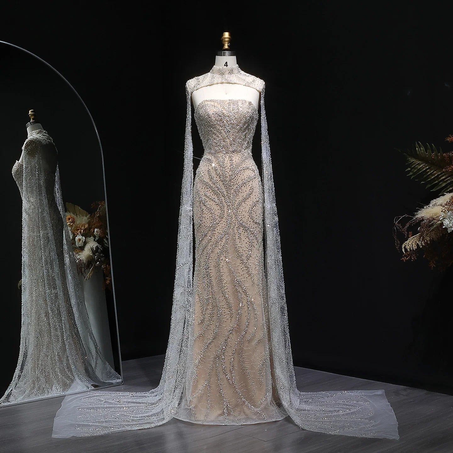 Nelzar Nude Tulle Mermaid Prom Dress with Flowing Sleeves