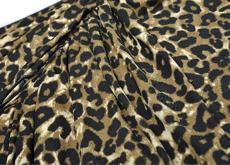 Neriah Asymmetrical Dress Women Square Collar Long Sleeve Folds Leopard Print Elegant Party Dress