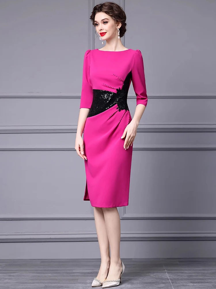 Amiri Spring Pencil  O-Neck Half Sleeve Sequins Appliques Folds Office Lady Dress