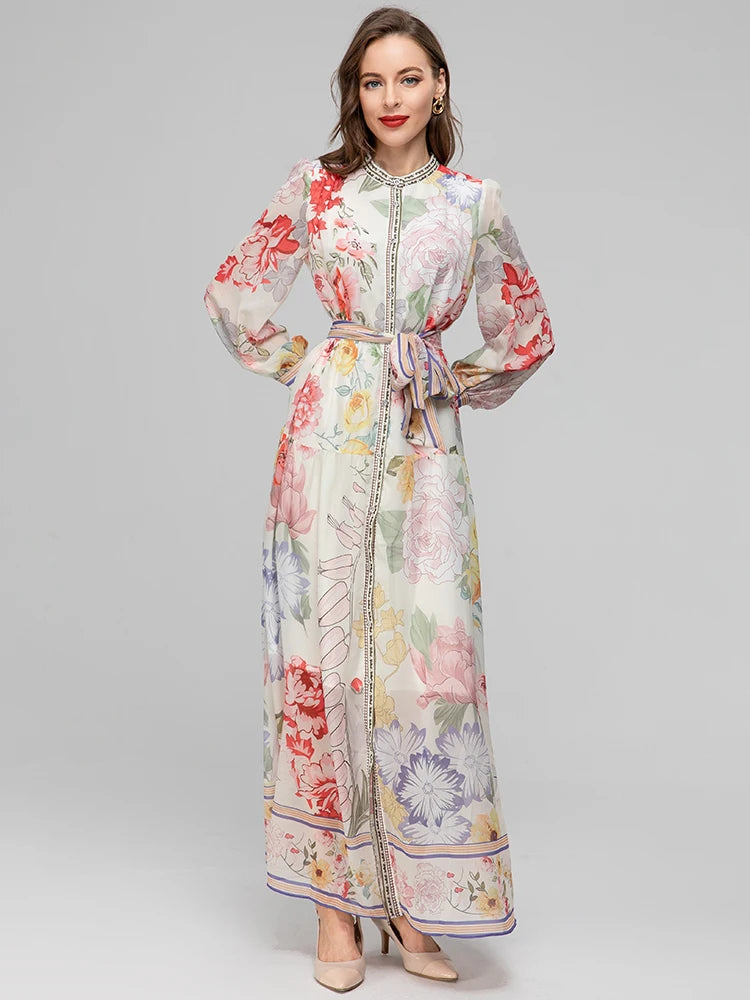 Dolorita Lantern Long Sleeve Lace-up Flower Printing Dress