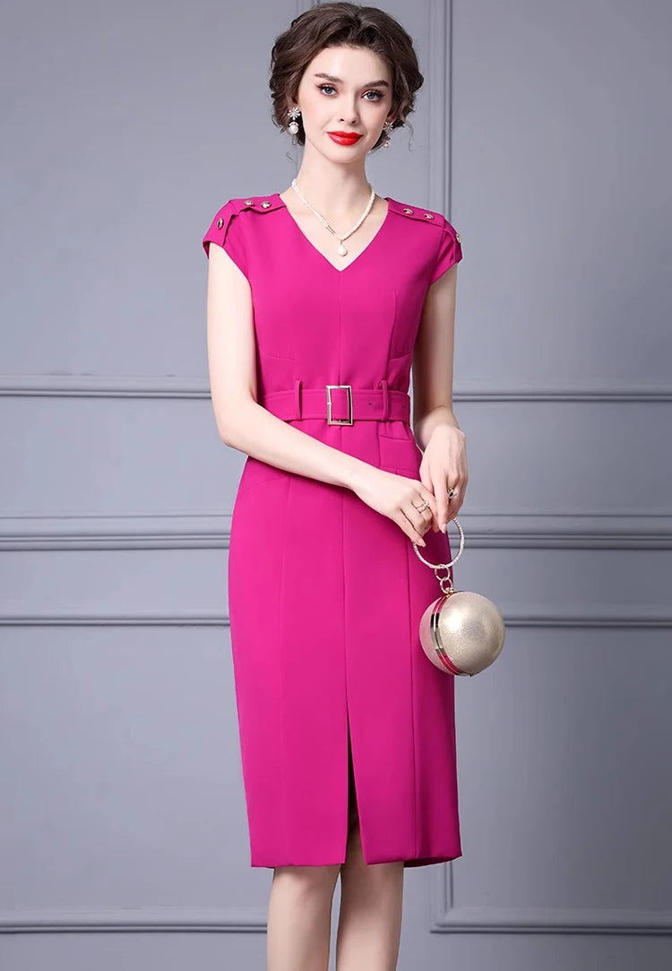 Kori V-Neck Garment Sleeve Sashes Dress High Street Rose Red+Khaki Temperament Dress
