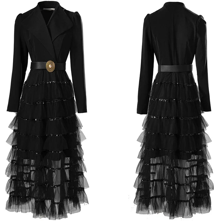 Clementine Collar Long Sleeve Sashes Ruffles Mesh Sequins Patchwork Office Lady Dress