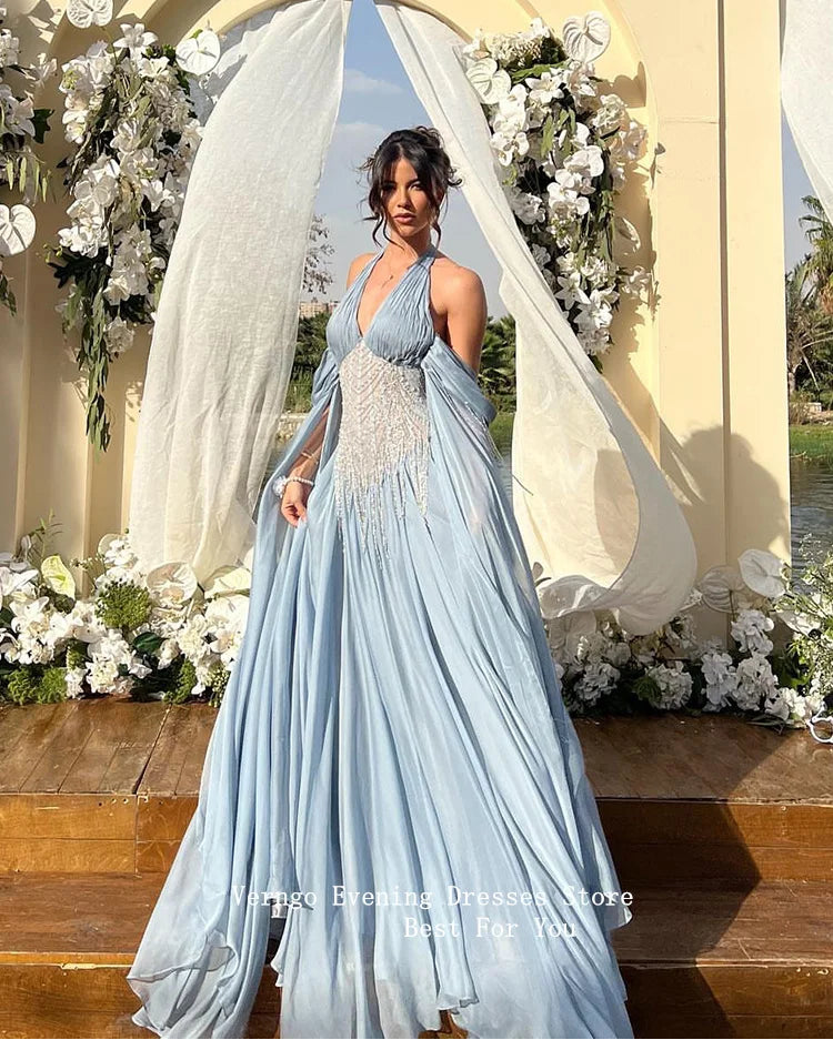 Orchid Blue Chiffon Evening Dress Halter A Line Formal Occasion Dress