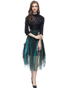 Dolores Half Sleeve Tassel Sequins Tops+Mesh Skirt High Street Two Pieces Set