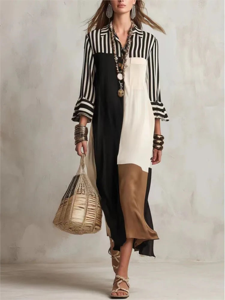 Jessa Elegant Striped Patchwork Loose Shirt Dress