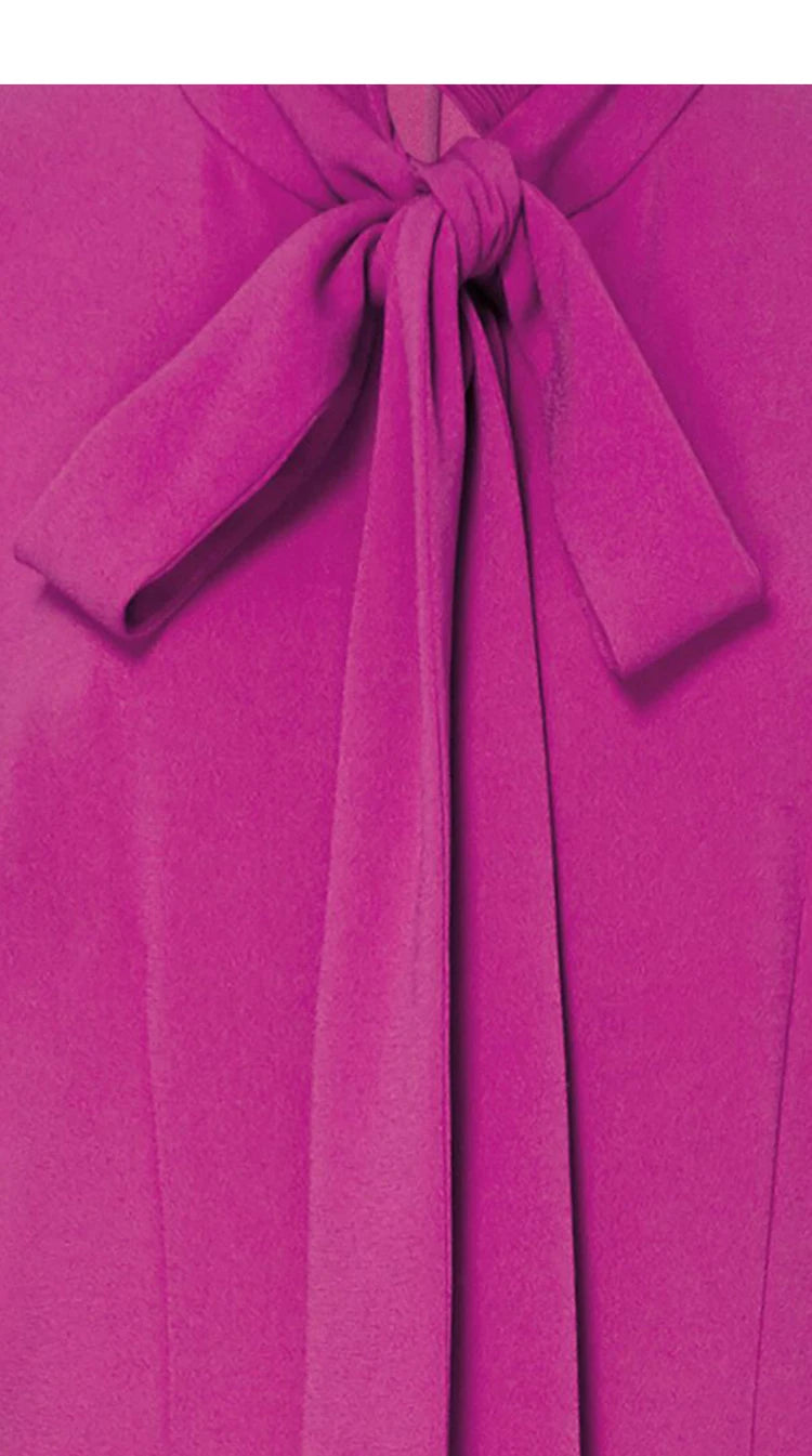Alexa Fuchsia Vintage Pleated Dress Women Ruffle Collar Long Sleeve Frenulum High Waist Slim Long Dress