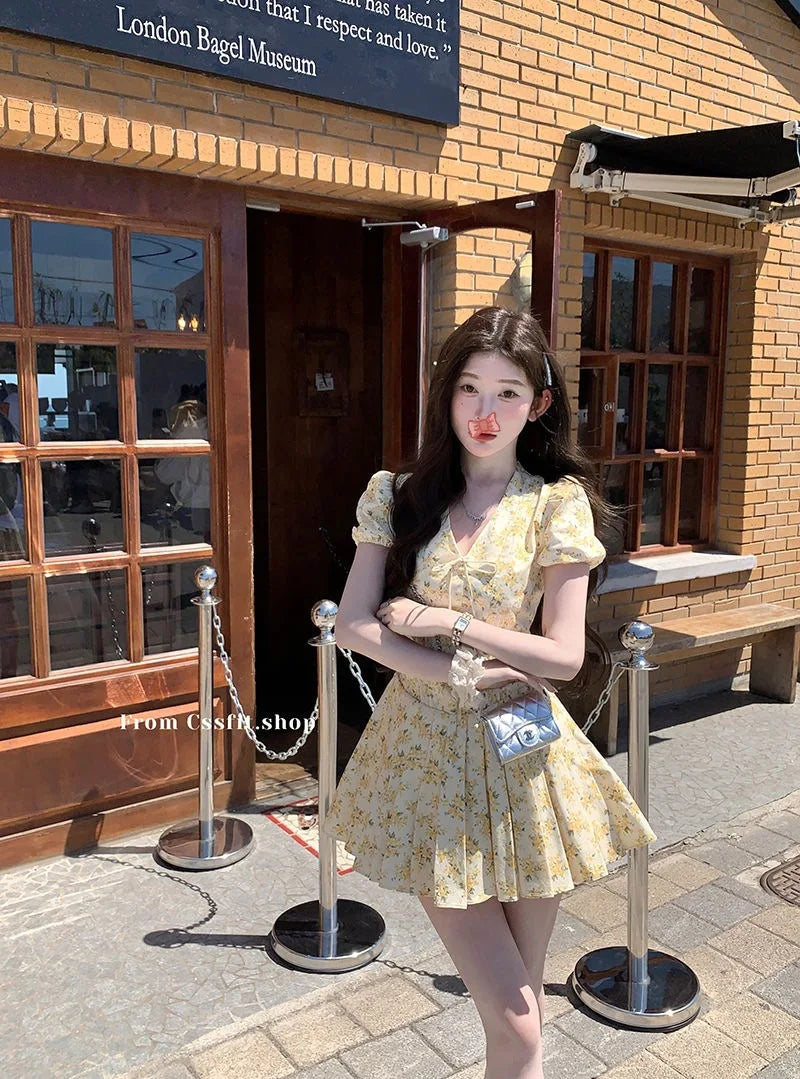 Yanie Summer Yellow Floral Print Short Dresses