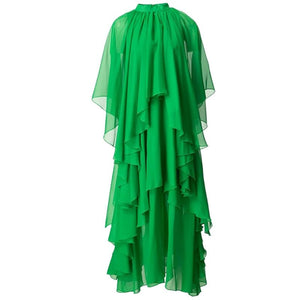 Leanna Stand Collar Batwing Sleeve Ruffle Green Dress