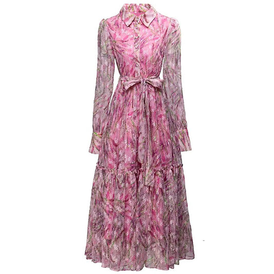 فستان أليسون شبكي بأكمام طويلة وحزام وكشكشة وطبعة كلاسيكية