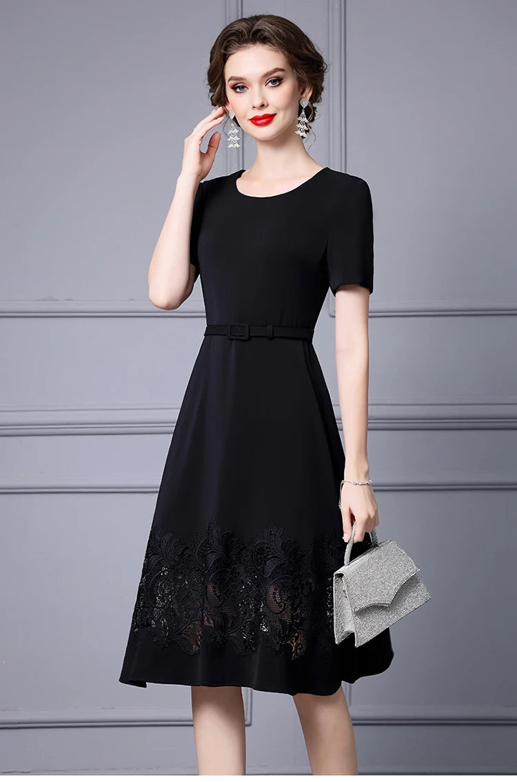 Jayda O-Neck Short sleeves Sashes Hollow Out Embroidery High Street Dress