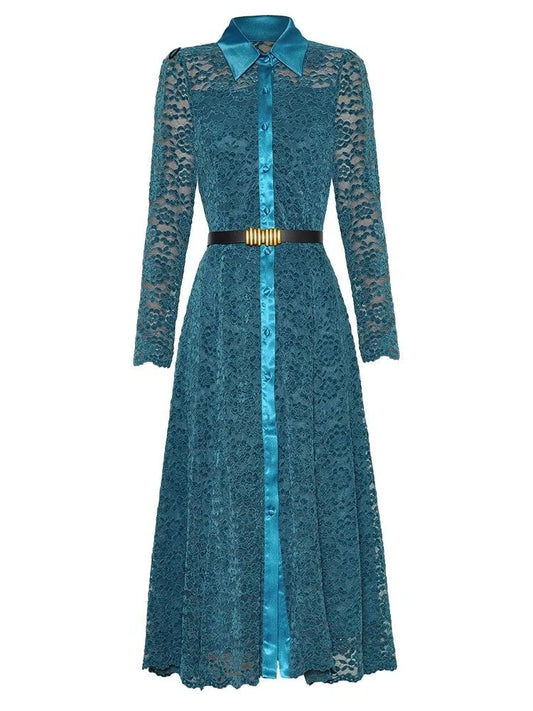 Naya Velvet Jacquard  Turn-down Collar Long Sleeve Single Breasted Sashes Vintage Dress