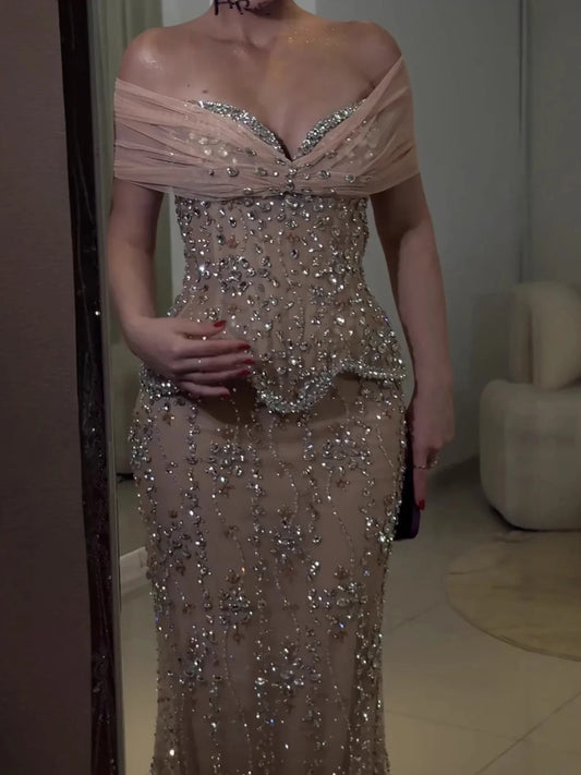 Mel Evening Dress Luxury Nude Beaded Mermaid Gowns
