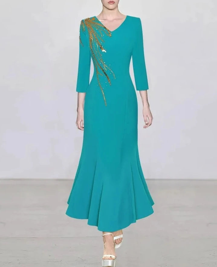 Maeve Mermaid  V-Neck Long Sleeve Sequins Beading Elegant Party Solid Color Dress
