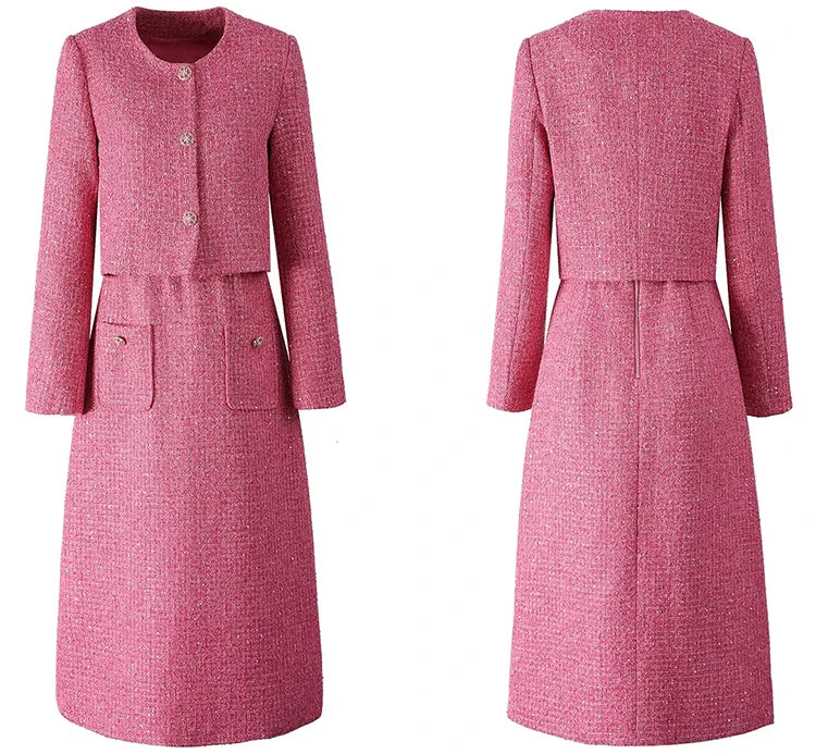 Padget  O-Neck  Long Sleeves Jacket+Pockets Slim Dress  2 piece Set