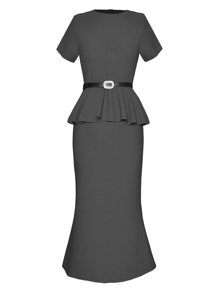 Samara O-Neck Short Sleeve Sashes Ruffles Office Lady Dress