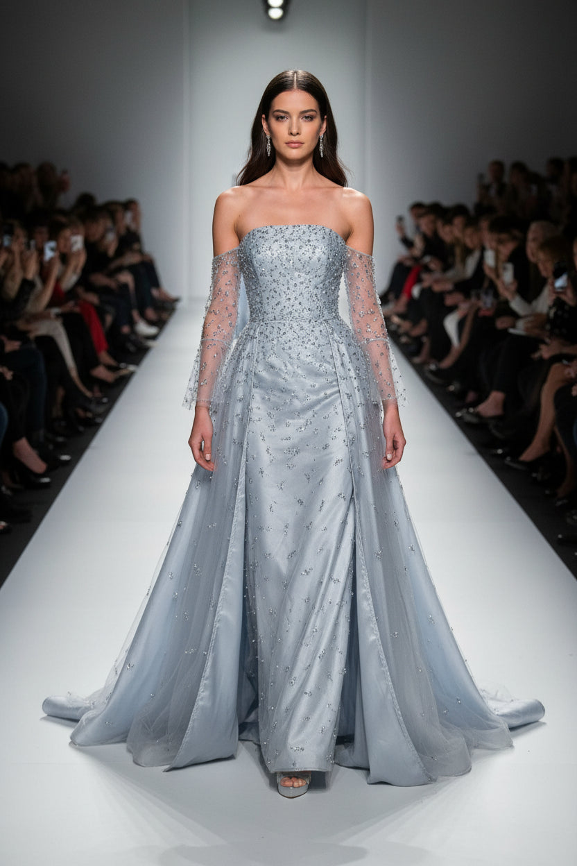 Kira Silver Gray Luxury Dubai Evening Dress with Overskirt Sleeves
