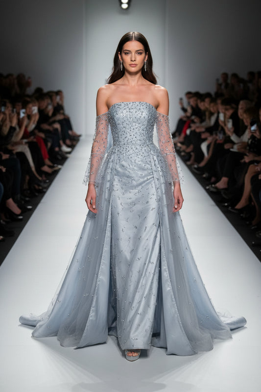 Kira Silver Gray Luxury Dubai Evening Dress with Overskirt Sleeves