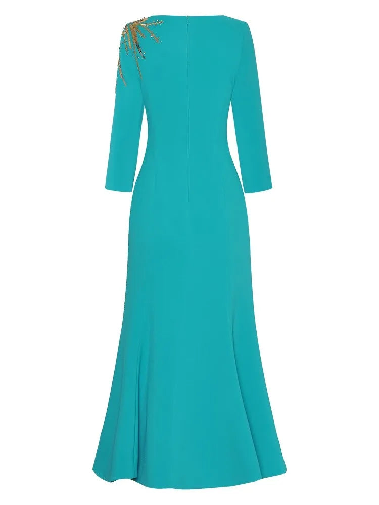 Maeve Mermaid  V-Neck Long Sleeve Sequins Beading Elegant Party Solid Color Dress