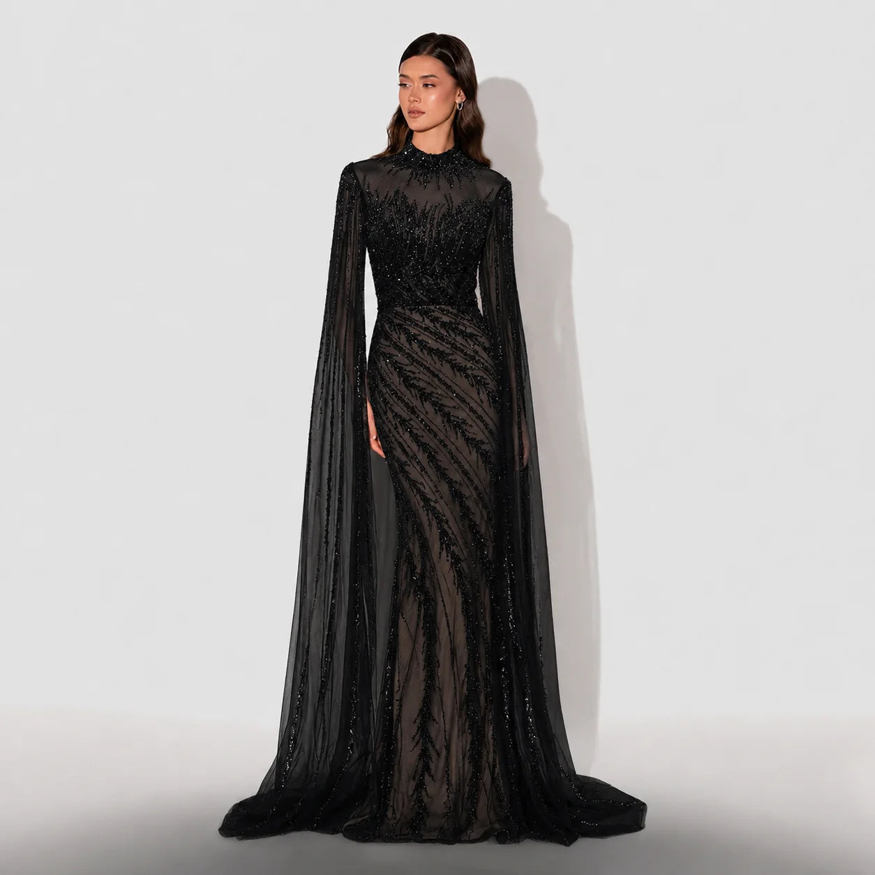 Becky Black High Neck with Beaded Cape Sleeve Evening Dress
