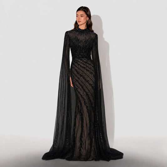 Becky Black High Neck with Beaded Cape Sleeve Evening Dress