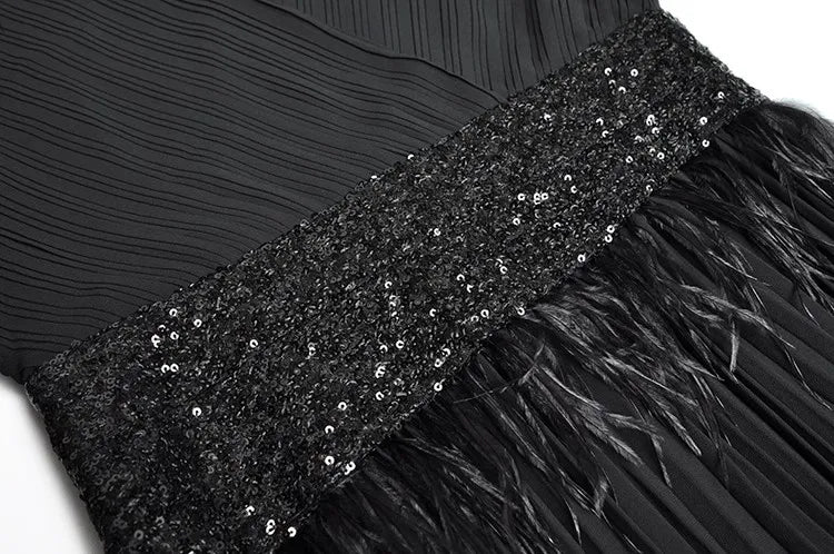 Eleanor  V-Neck Lantern Sleeve Feathers Sequins Patchwork Elegant Party Pleated Black Dress