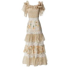 Load image into Gallery viewer, Helen Square Collar Butterfly Sleeve Hollow Out Ruffle Flowers Print Vintage Long Dress