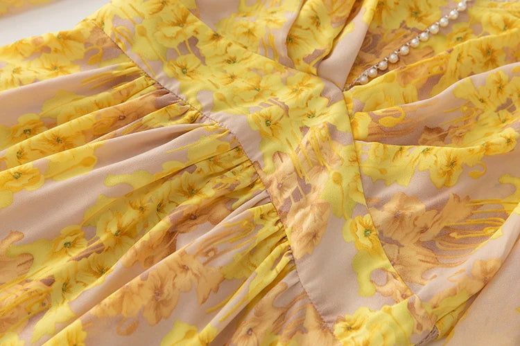 Lylah Vintage  Floral Print Midi Dress Women V Neck Beading Elastic Waist Irregular Ruffles Hem Dress