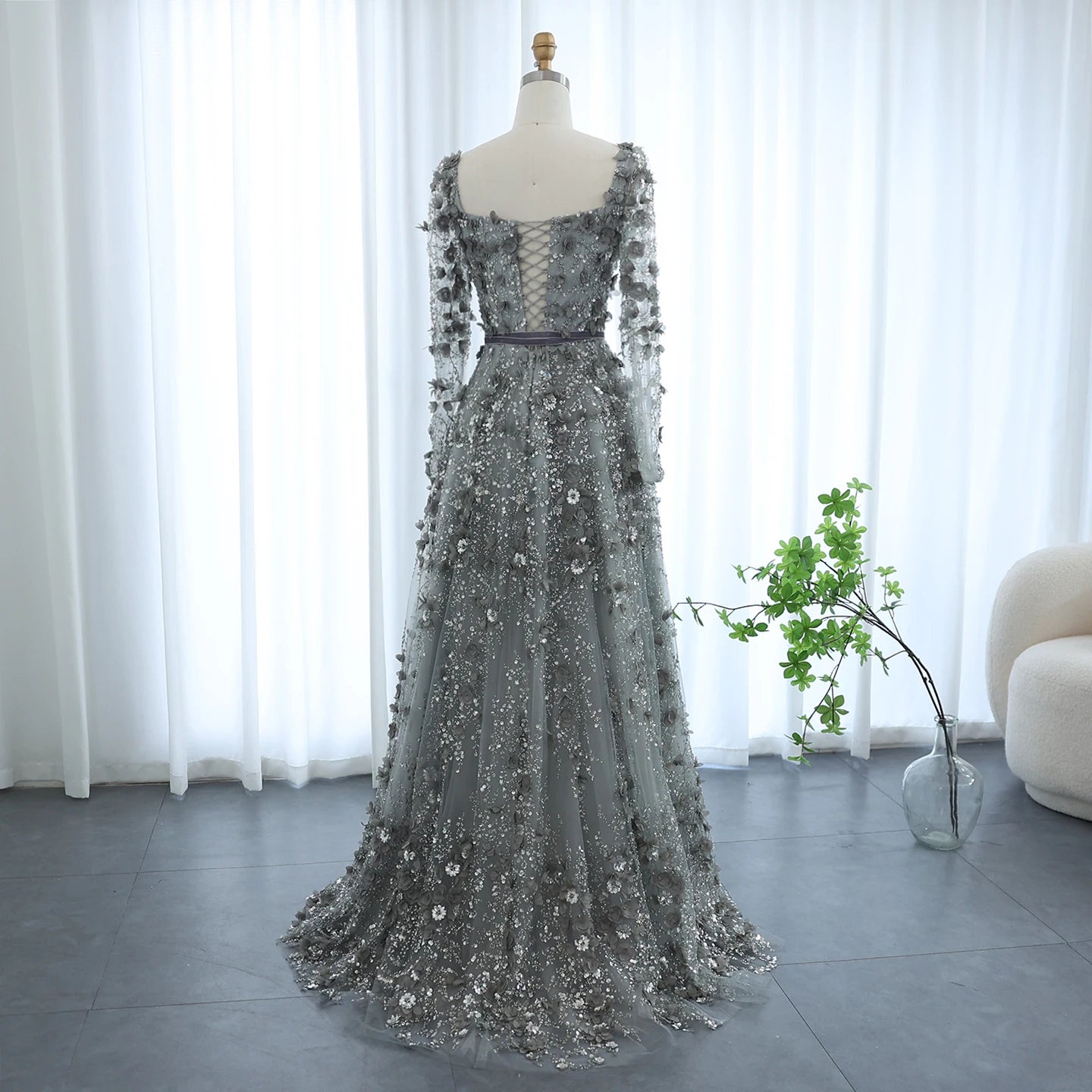 Luxury 3D Floral Gray Long Sleeves Evening Dress