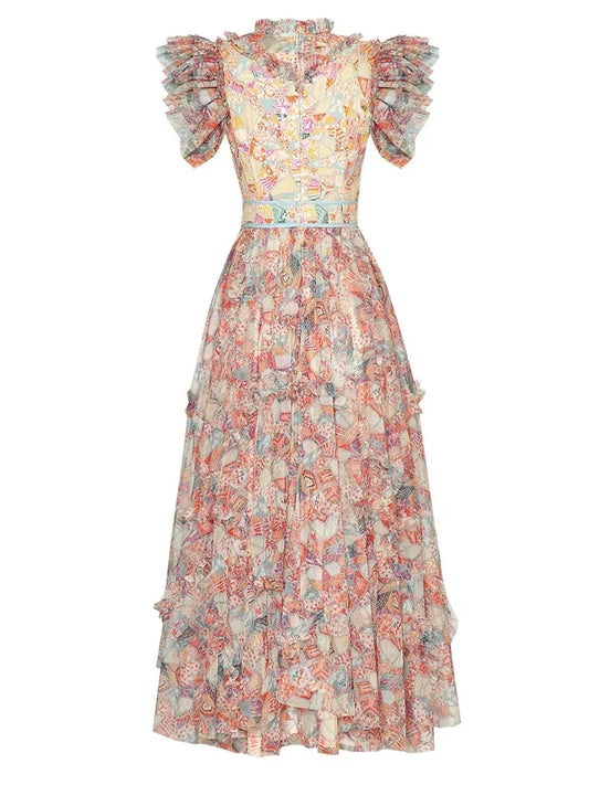 فستان شيلبي بياقة واقفة وأكمام طويلة مزين بالترتر والكشكشة وطباعة متعددة الألوان