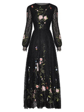 Load image into Gallery viewer, Molly Sequins Lace Dress Women O-Neck Lantern Sleeve Floral Embroidery Black Vintage Dress