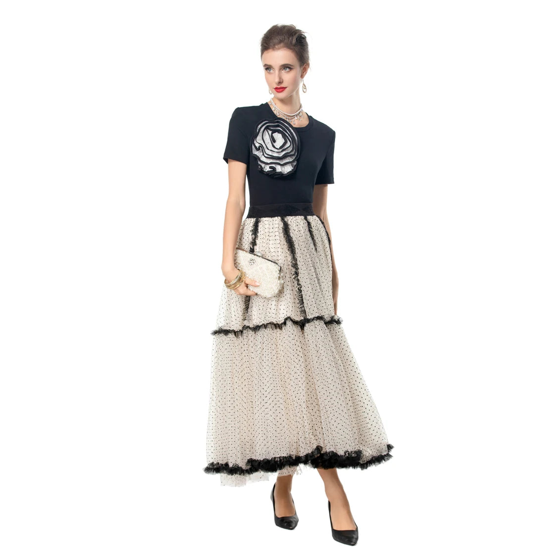 Berkley Two Piece Sets O Neck Short Sleeves Appliques Blouse with Layered Tull Skirts