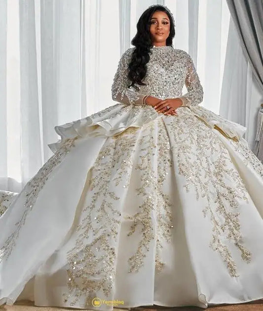 Jane Luxurious Arabic Style A Line Wedding Gowns Long Sleeves Plus Size Puffy Train Princess Sparkly Sequins Bridal Party Dress
