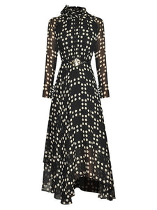 Zara Long Sleeve Polka Dots Lace-up Chiffon Dress