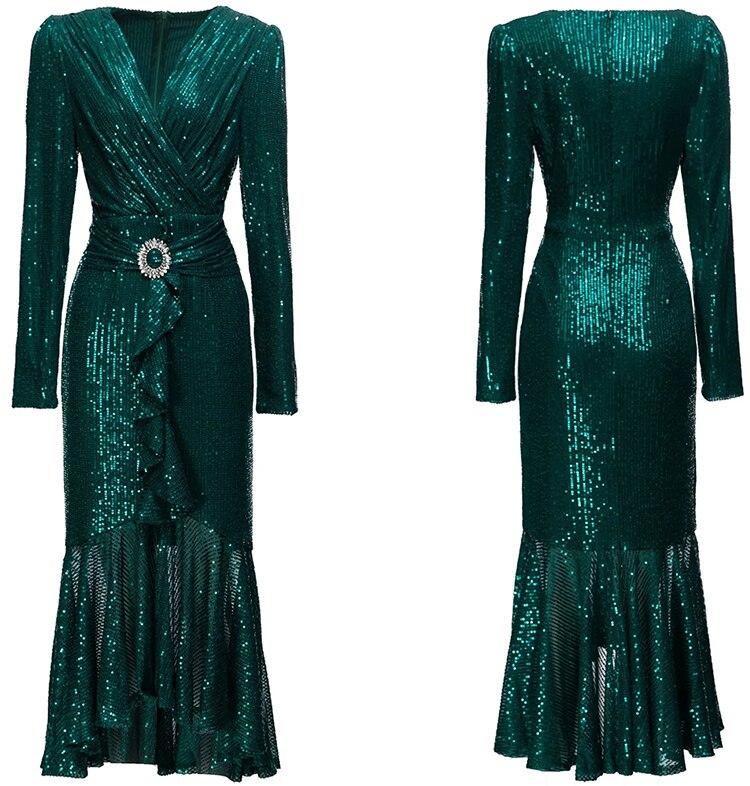 Amanda Pailletten Meerjungfrau-Ausschnitt Langarm Vintage Kleid mit Rautenrüschen