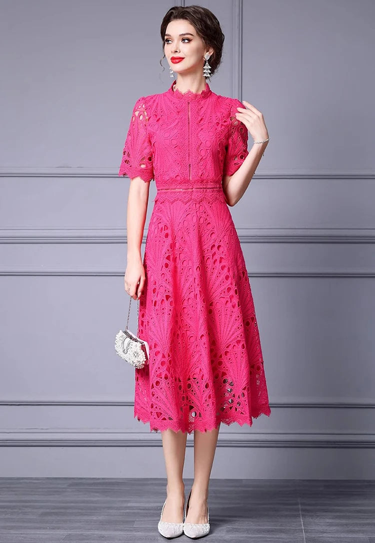 Trisha Sleeve Lace Hollow Out High Waist Solid Color Dress