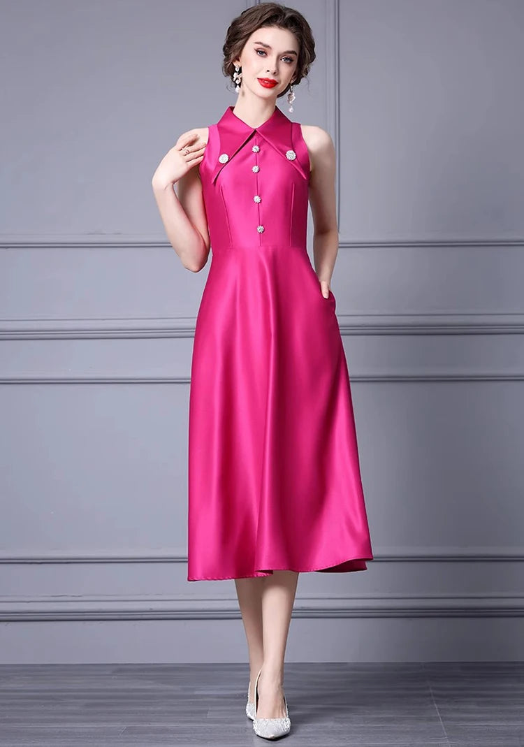 Vanessa Turn-Down Collar Sleeveless Beading Solid Color Commuter Dress