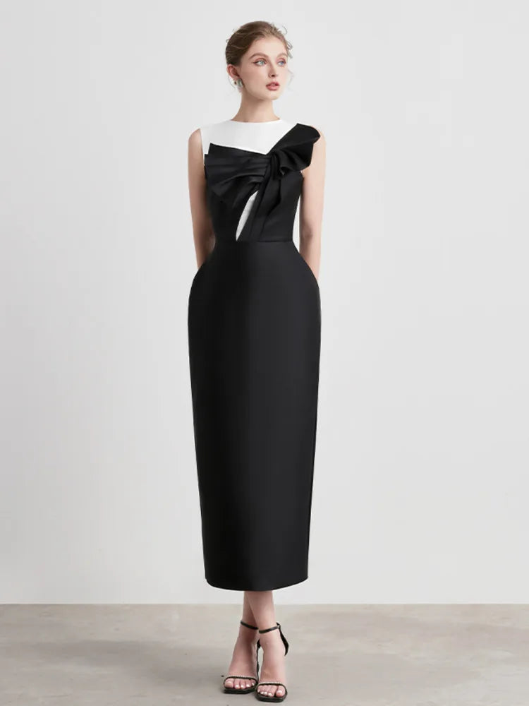 Naima Contrast Color Split Bow Slim Sleeveless Dress