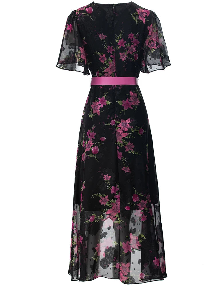 Betty V-Neck Butterfly Sleeve Floral Print Crystal Sashes Elegant Party Dress