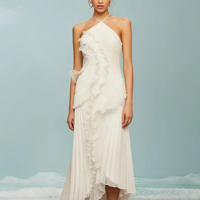 Linda Pleated Halter Neck Long Vacation Dress