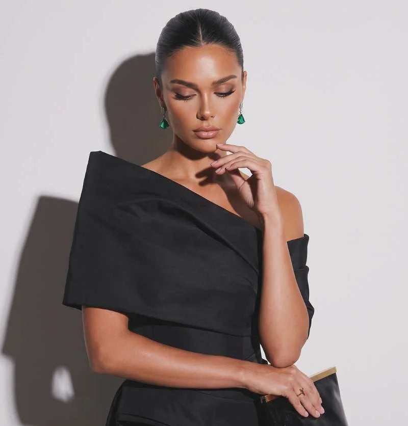 Annabelle Customized Black Satin One Shoulder Evening Dress Draped Ruched Mermaid Prom Dress