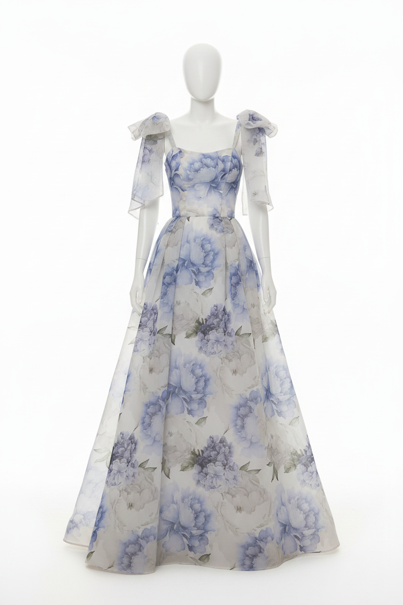 Tillie Blue Organza Floral Print Evening Dresses O-Neck Bow Strap Prom Party Dress