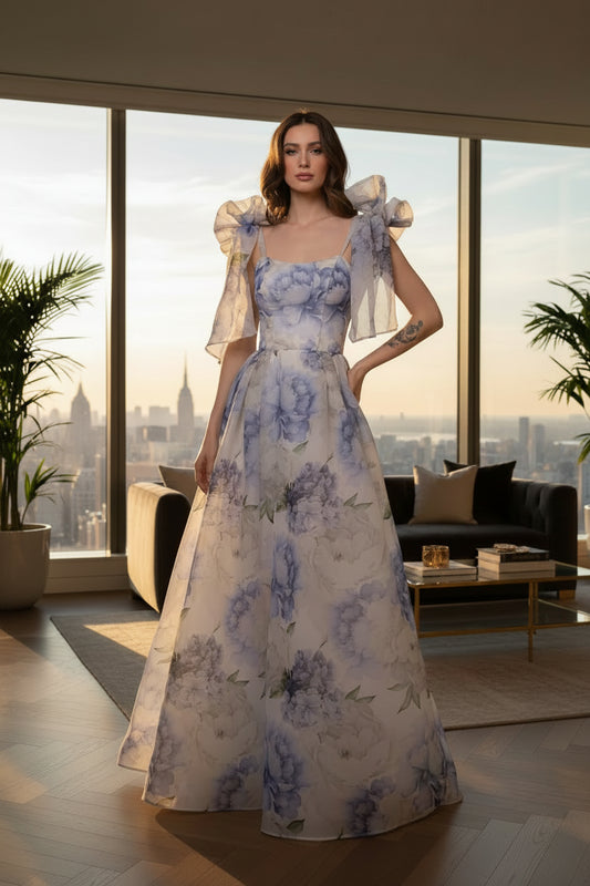 Tillie Blue Organza Floral Print Evening Dresses O-Neck Bow Strap Prom Party Dress